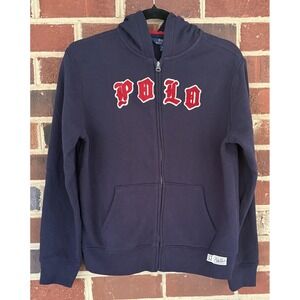 Polo Ralph Lauren Hoodie Boys 14-16 Navy Blue Full Zip Fleece POLO 67 Graphic